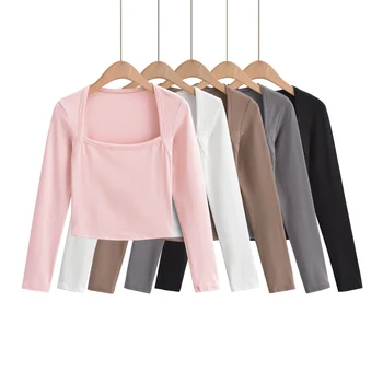 Укороченная тениска y2k за жени, дрехи kawaii, отгоре с дълъг ръкав, розово, kawaii, бял, съкратен топ, harajuku, модерен топ с квадратни деколтета, черен