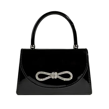 Чанта за женските вечерни рокли, черно клатч от изкуствена кожа, елегантна чанта за парти с кристали, лък верига, универсална чанта за довиждане