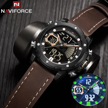 Мъжки дигитален часовник NAVIFORCE със светодиоди, военни, Спортни, светещи, с двоен дисплей време на седмицата, кожа Водоустойчив часовник Relogio Masculino