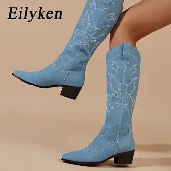 Eilyken/ Дизайнерски ботуши до коляното в западен стил с бродерия, дамски официални модела обувки на нисък ток с остър пръсти, летни есенни обувки.