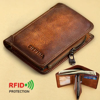 Портмонета от естествена кожа за мъже, ретро Кратък Многофункционален бизнес портфейл с RFID-заключващ се, с цип, ID, Притежател на кредитна карта, чанта за пари