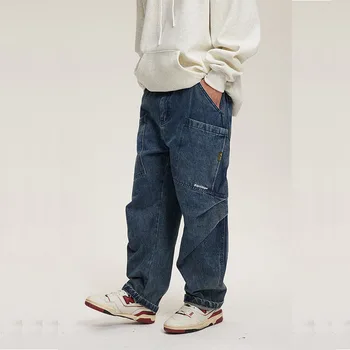 Реколта широки дънкови панталони в стил хип-хоп, выстиранные, с много джобове, сини дънкови панталонът е прав за мъже