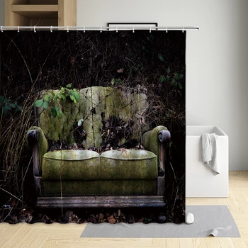 Завеса за душа в ретро стил,, стар диван, зелени листа, модерна и екологично чиста водоустойчив плат, параван за баня с декор куки, която може да се пере