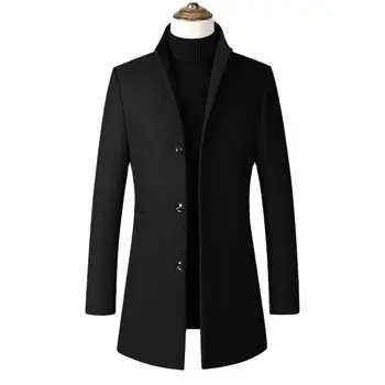 Lansboter, Черни Мъжки Вълнени палта есен-зима, Однотонная мъжко яке със Средна дължина, Однобортное палто с яка-часова