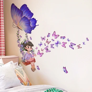 Стикер за стена с изображение на анимационни и пеперуди, Фоново украса под формата на пеперуда за момиче-люлка, Стикер за стена, PVC
