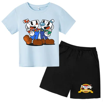 Детска тениска с чашки за момичета, Панталони, Комплект от две части, 3D Мультяшная дрехи за момичета с чашки За Деца, Детски дрехи за деца от 3, 4, 5, 6, 7-14 Години