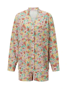 Жена пижамный комплект от 2 теми, блузи с дълъг ръкав и копчета, Панталони с завязками, комплекти пижам