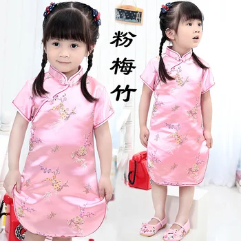 За момичета и деца в китайски стил, лятно мини рокля Ципао с цветен модел, Чонсам, Дрехи за момичета
