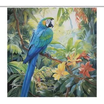 Завеса за душ с папагала Ара в джунглата, Водоустойчив декор за баня в тропически гори, копър пищна зеленина и с куки 12шт.