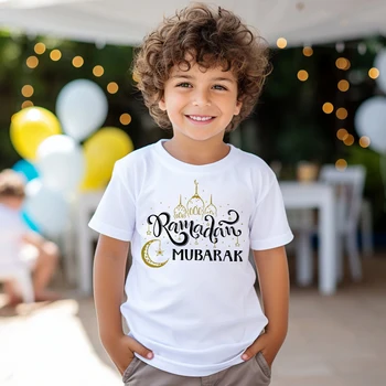 Детска Тениска с принтом Рамадан Мубарак, Бебешки Дрехи за празника Рамадан, Блузи За момичета И момчета, Тениска с къс ръкав, Ислямска Празнична Облекло