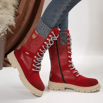 Нови дамски обувки големи размери Есен-зима 2023, зимните обувки със средна дължина на дебелите ток, жените престрелки обувки с кръгло бомбе