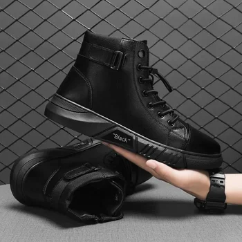 Мъжки есенна черна ежедневни кожени обувки със средна дължина, в британския ретро стил, мъжки работни обувки на висок ток за каране на мотоциклет