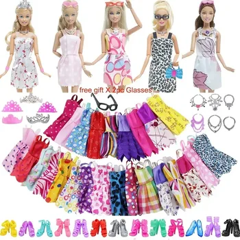 Рокля за момиче с дължина 30 см, дрехи за кукли принцеси, аксесоари за дрехи за кукли принцеси, бижута и аксесоари за обувки, комплект от 32 теми Случаен