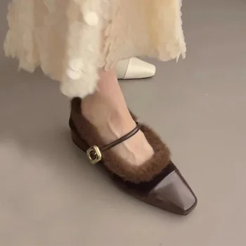 Зимни обувки-лодка Mary Janes с остри пръсти, дамски велурени кожа Пикантни вечерни обувки, Къси Плюшени Модни дамски обувки 2024, Нова Дизайнерски обувки
