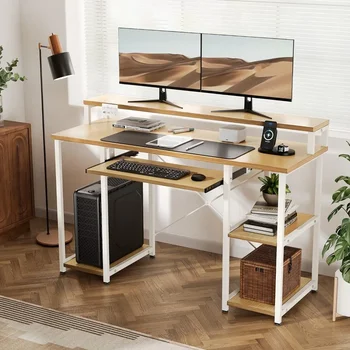 47-инчов Домашен офис бюро с поставка за монитор, Компютърна маса с рафтове за съхранение, маса за трапезария, мебели за четене, игри