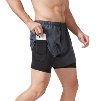 Мъжки панталони свободно намаляване за бягане, три-четвърти, бързо съхнещи мъжки спортни двуслойни шорти за фитнес