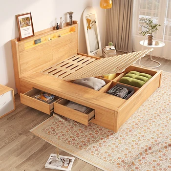 Легло от масивно дърво с високо чекмедже, кутия за съхранение на неща, двойно легло, малка спалня, легло-татами