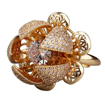 Дамско модно Елегантна кубическое пръстен от розово злато с цвят на шампанско, най-новия годежен пръстен с кристали за жени, бижута, Отворен пръстен