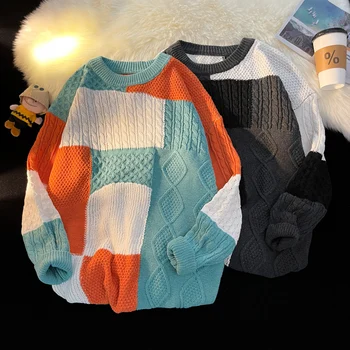Есенно-зимен мъжки пуловер винтажного контрастен цвят, мъжки Възли, Пуловери, Свободни мъжки Ретро-crochet пуловери в стил Харадзюку, Пуловери D38