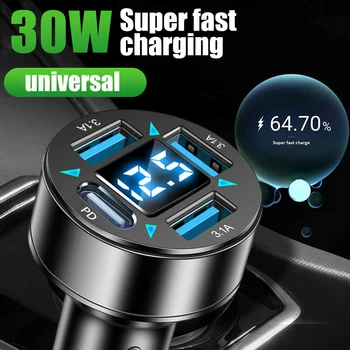 Зарядно устройство Blu-ray мощност 30 W 4-в-1 с Цифров дисплей 3.1 A Cars Fast Charger PD Fast Charger с Цифров Дисплей Зарядни устройства за кола