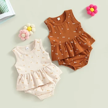 0-18 м, Сладки Летни комплекти дрехи за новородени момичета, блузи с флорални принтом, без ръкави, с къдри, Потник + Шорти, ежедневни облекла за деца