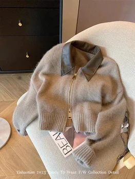 2023 зимни дрехи френски ретро вязаный женски класически лоскутный пуловер, жилетка с дълъг ръкав, Корейски Y2K върховете pull hiver femme