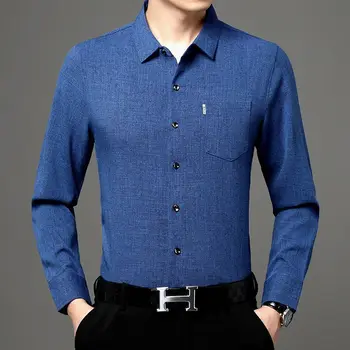 Есен Нова мъжко бельо риза в китайски стил с дълъг ръкав, монофонични Квадратен силует, джоб с копчета, Бизнес Случайни Универсален моден тренд, топ