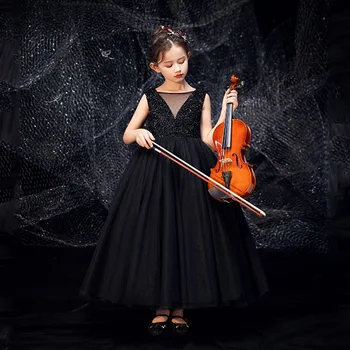 Бебешка рокля за годишни момичета, черна дълга рокля-пиано без ръкави, рокля на принцеса в европейския и американския стил