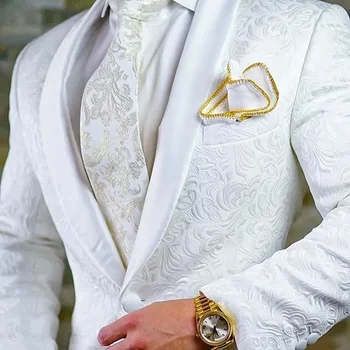 Сватбени Мъжки костюми, Однобортная Шал С Ревери, Бели Цветя Жаккардовый Смокинг на Младоженеца От Две части, Модерен костюм 2023 (Яке + панталон)