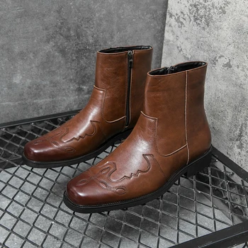 Мъжки престрелки ботуши на италианската марка, обувки от естествена кожа, класически мъжки обувки с висок берцем в стил Уестърн, вечерни модела обувки, Каубойски ботуши с цип