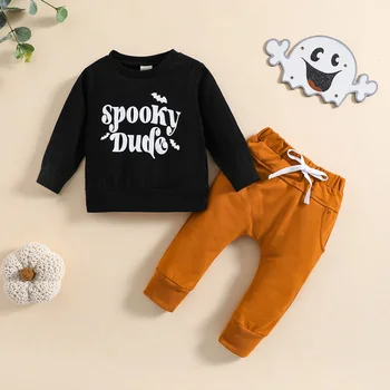 Комплект панталон за Хелоуин е за най-малките момчета, тениска с кръгло деколте и писмото принтом скелет с дълги ръкави и панталони