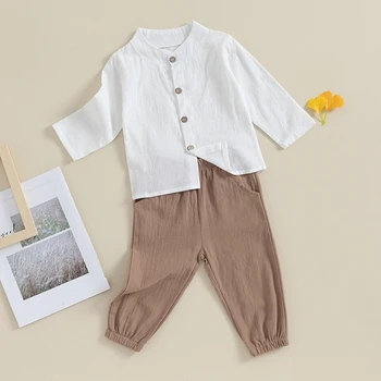 Ежедневни Облекла за малки момчета, ризи с копчета и дълъг ръкав и дълги панталони с еластичен ластик на талията, 2 броя в комплект.