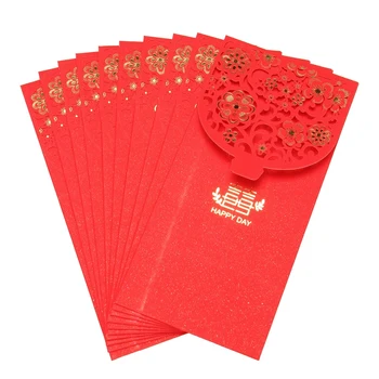 10 бр. китайски червени пликове, пликове за късмет, червени сватбени пакети за коледната сватба (7X3,4 инча)