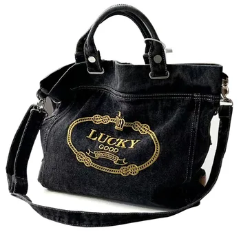 Дизайнерски дънки чанта-тоут с бродерия, женствена чанта с модерен писмо, Универсална женска чанта, холщовая чанта през рамо