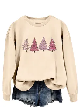 Зимна hoody 2023 година с пъстри шарени елхи, свободна тениска с дълъг ръкав, ежедневни универсална дамски дрехи