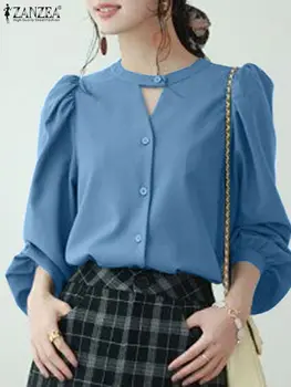 Елегантна Блуза Копчета С дълъг Ръкав ZANZEA, Корейската Модни Дамски Риза, Стилна Отворена Блуза OL Work Blusas, Обикновен Потник, Риза