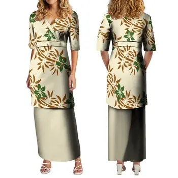 Лятото женствена рокля със средна ръкав Puletasi, елегантна женствена рокля от две части, дизайн острови Полинезия