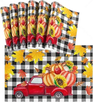 Комплект кърпички за тиквен камион за Деня на благодарността от 6 клетчатых подсолнуховых нескользящих топлоустойчива миещи се постелки за маса