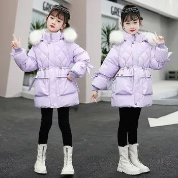 Корейски Детски Зимни Топли Памучни дълго палто с качулка за момичета, Детски дрехи, утепленная топло яке, Парк, зимни костюми, връхни дрехи