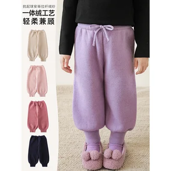 Плътни ежедневни панталони за момичета 2023, зимни детски модни топли еднослоен панталони с руното облицовка и кант по щиколотку