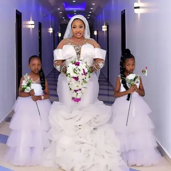 Сватбени рокли на Русалка с дълги ръкави, Лейси пола с кристални накъдрен, Африканска Нигерийская тръба, Плюс Размер Сватбени рокли