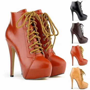 Зимни, есенни дамски обувки; Пикантни ботильоны на платформата с шнур изкуствена кожа на тънък висок ток 11 см; Зрял Модерни обувки; дамски обувки в черен цвят