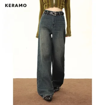 Уличен стил, модни директни реколта дънки с висока талия, дамски ретро панталони пълна дължина, широки широки дънкови панталони Y2K