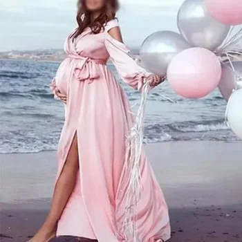 Памучни секси рокли за фотография на бременни с V-образно деколте и цепка отпред, рокля за фотосесии на бременни, Дълго бельо Макси Рокля за бременни, Реквизит за снимки