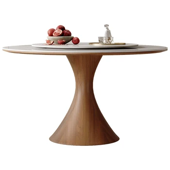 Кръгла маса от каменна плоча, модерен и опростен кръгла маса за 6 човека, комбинация на кръглата маса и столове от масивна дървесина