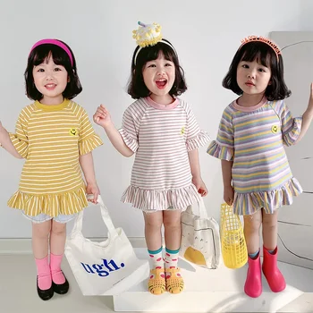 Лятна рокля за момиче с дълъг ръкав-лотосами, пола на райета в корейски стил, детска пола на райета с къси ръкави