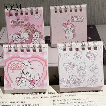Настолен календар с изображение на Розово Котка от картун 2024, Мини-сладък Настолен календар с панти капак, Малък Ежедневно Планиране, Месечен Календар за дома