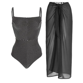 Черен цял бански-бикини с принтом райе, секси бански костюм на бретелях, яка жена, проста плажно облекло, елегантна корица 2022 година.