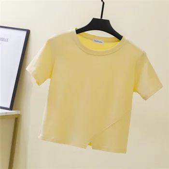 Тениска с висока талия и къс ръкав, женски годишният съкратен топ, памучни тениски свободно намаляване с неправилна форма на пъпа, модни градинска тениска
