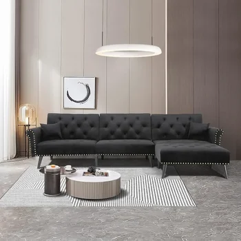 Velvet разтегателен диван, Модерен Ъглов диван L-образна форма с Остър таблата, Сгъваем Шезлонг с 2 Възглавници и Всекидневна